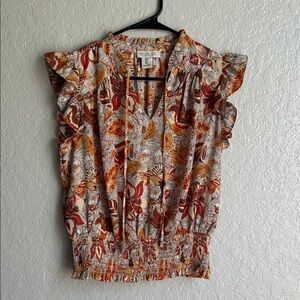 Rachel Zoe Floral Ruffle-Sleeve V-Neck Top in Rust, Mustard & Cream SMALL